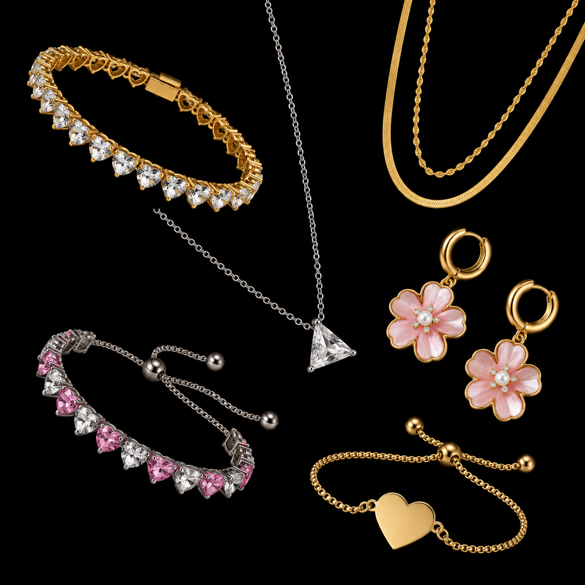 A collection of gold and silver jewelry pieces, including necklaces, bracelets, and earrings, arranged on a solid black background. The set features gold and silver chains with heart, flower, and triangle designs, embellished with clear and pink rhinestones.