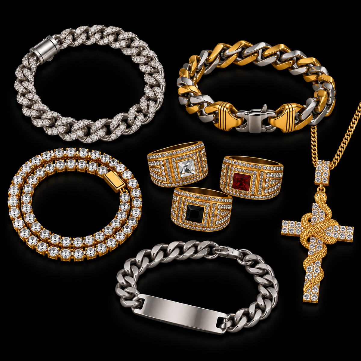 A jewelry set arranged on a black background, including multiple chain bracelets, rings, a cross pendant, and an ID bracelet. The pieces are primarily silver and gold-toned metal, with some stones paved in clear rhinestones and one ring featuring a red gemstone accent.