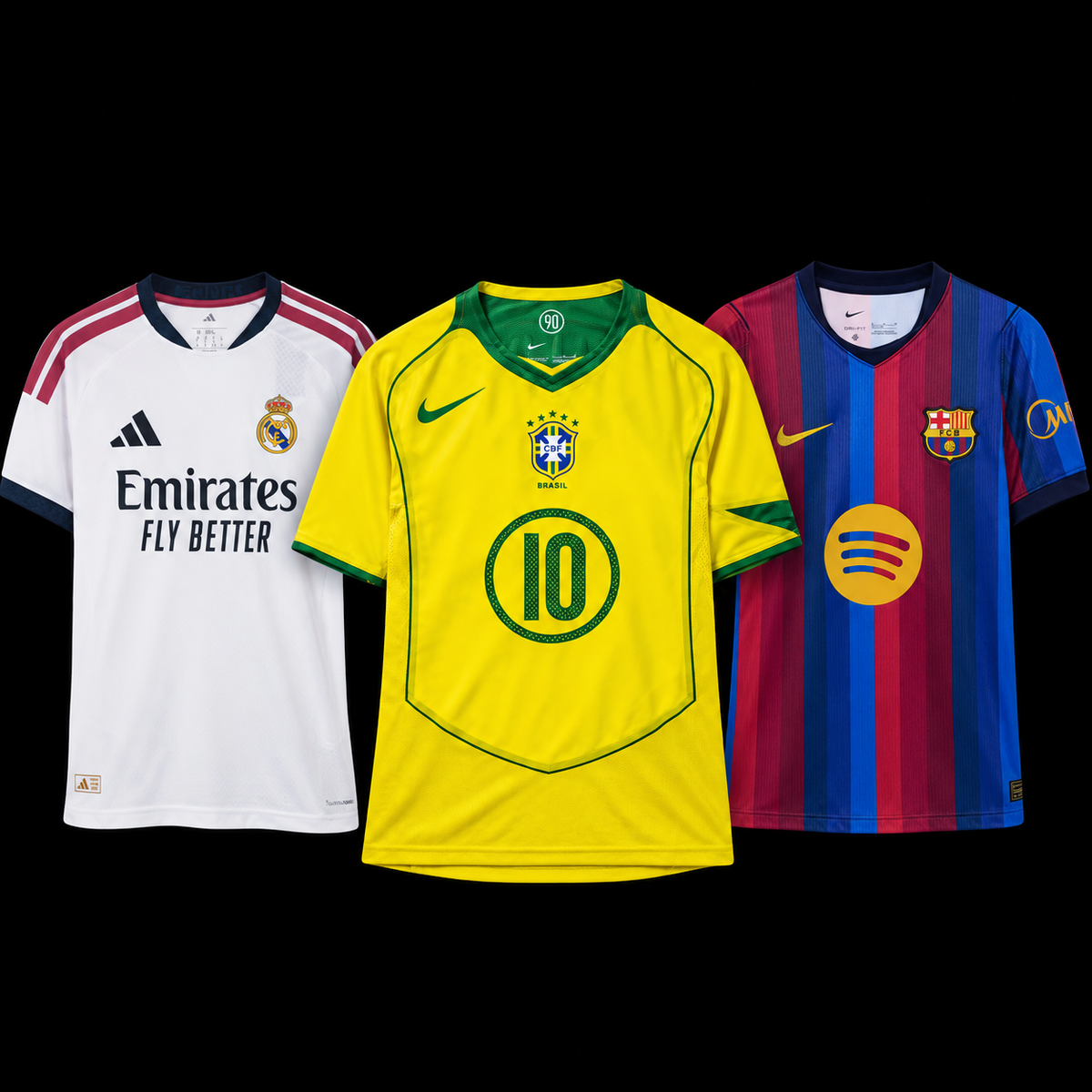 Three soccer jerseys displayed side by side on a black background: a white Real Madrid jersey with Emirates Fly Better branding, a yellow Brazil national team jersey with number 10, and a blue and red FC Barcelona jersey with Spotify sponsor logo.