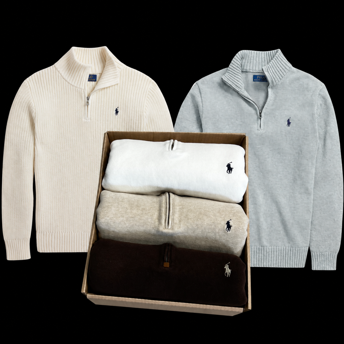 Three quarter-zip knit pullovers by Polo Ralph Lauren are displayed against a black background, with one cream and one light gray sweater shown flat and one folded box containing stacked sweaters in cream, white, heather beige, and dark brown. Each sweater features the signature embroidered polo player logo on the left chest.