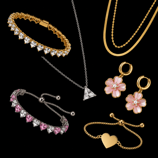 A collection of gold and silver jewelry pieces, including necklaces, bracelets, and earrings, arranged on a solid black background. The set features gold and silver chains with heart, flower, and triangle designs, embellished with clear and pink rhinestones.