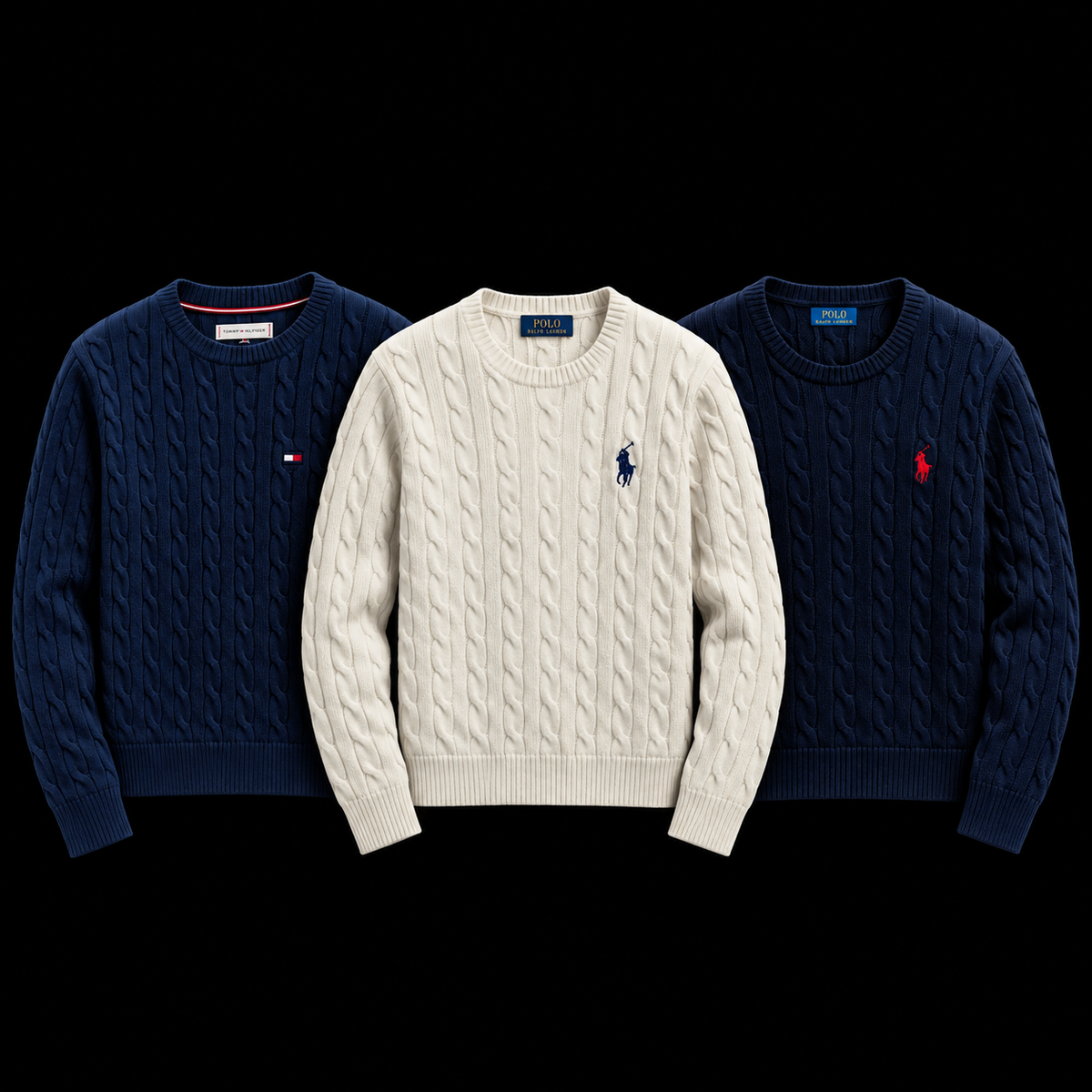 Three cable-knit crewneck sweaters by Ralph Lauren on a black background: navy blue on the left, off-white in the center, and dark navy blue on the right. Each sweater features the Ralph Lauren polo player logo on the chest.
