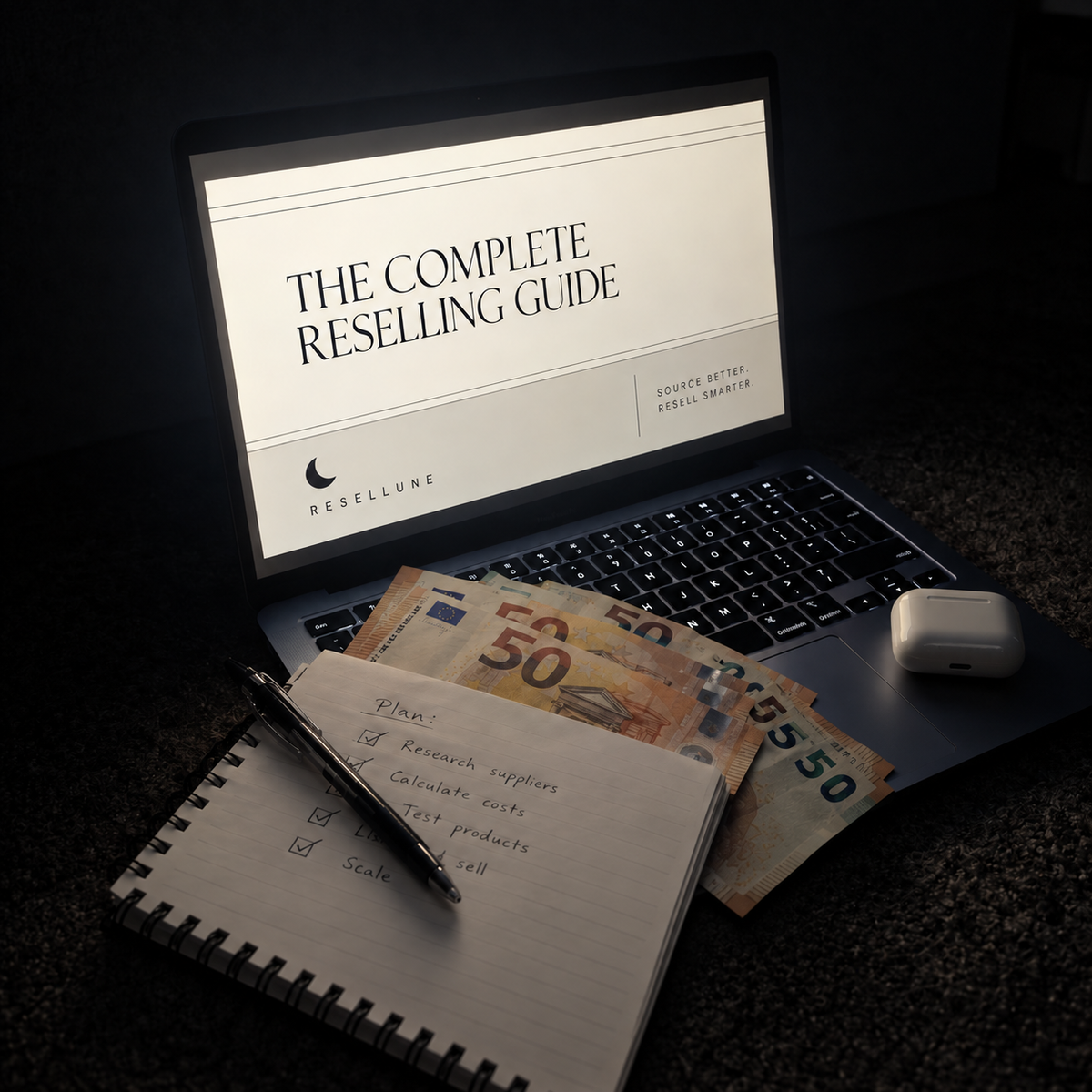 A laptop displaying a guide titled 'THE COMPLETE RESELLING GUIDE' with the brand name 'RESTELLUNE' visible on the screen, styled on a dark surface with a notebook, pen, euro banknotes, and a wireless earbud case.