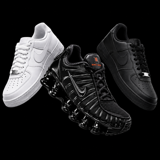 Three Nike Air Force 1 style sneakers arranged on a black background: one white sneaker on the left, one black sneaker in the foreground with a visible Nike Shox sole, and one black sneaker on the right with a silver heel accent.