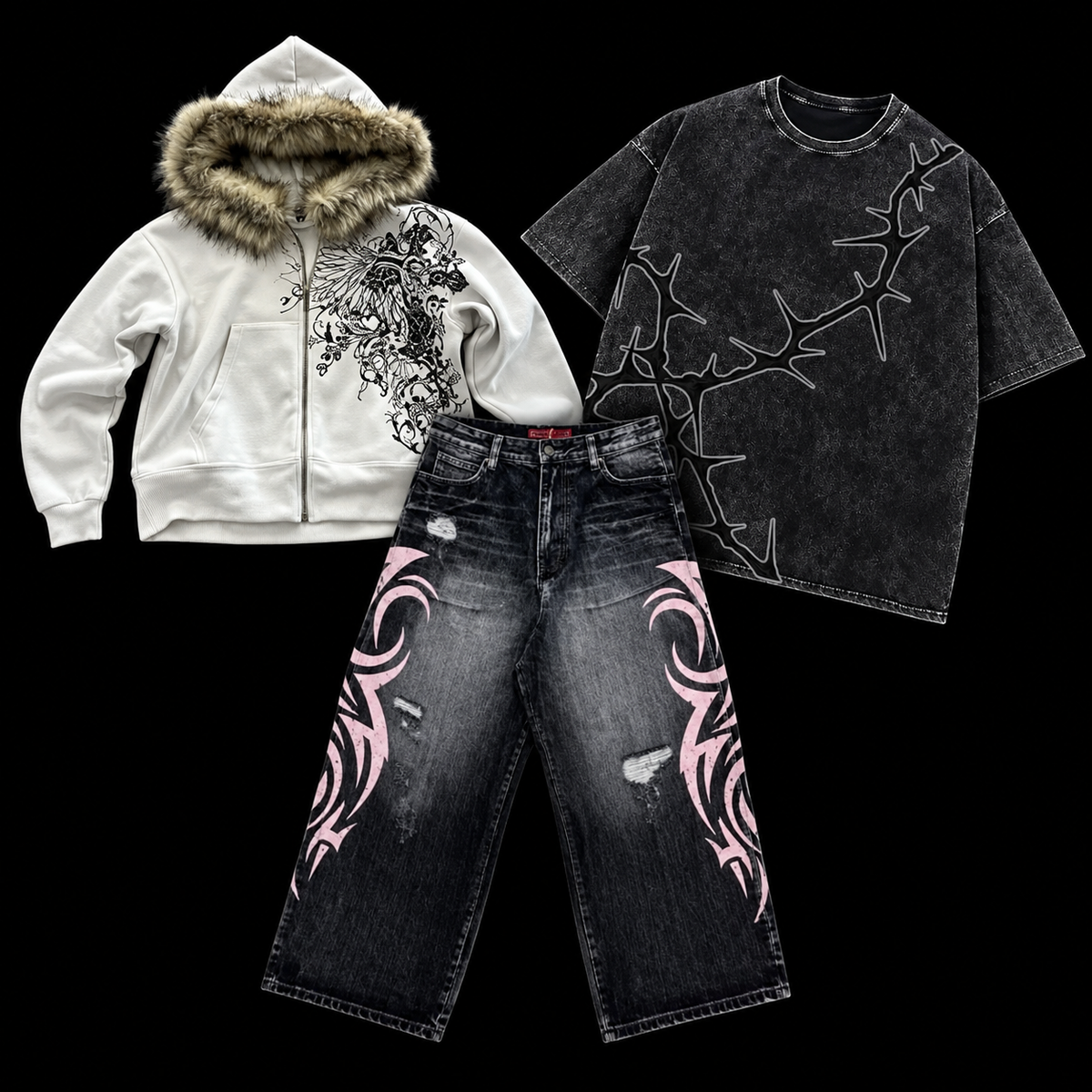 A three-piece streetwear outfit set on a solid black background, featuring a white zip-up hoodie with a brown fur-trimmed hood and black graphic print, a dark gray acid-wash t-shirt with a white thorny graphic, and dark gray distressed jeans with pink tribal-style graphic prints on the thighs.