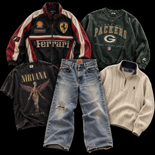 A curated flat-lay of five different vintage and modern streetwear items on a solid black background: a Ferrari and Shell racing jacket, a green Packers sweatshirt, a Nirvana graphic tee, a pair of distressed blue jeans, and a cream quarter-zip sweater.